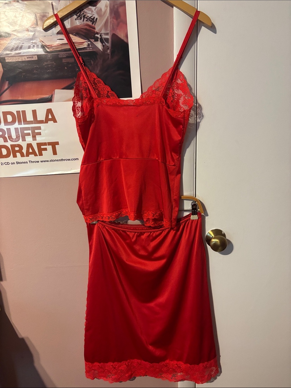 True Vintage 70’s Red Satin Lace Camisole Skirt Slip Set Matching Coordinating S - Picture 4 of 17
